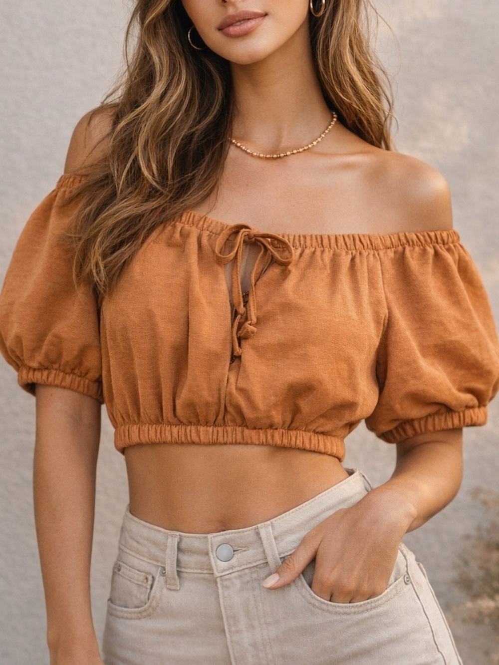 OAK + FORT Off Shoulder Poetcore Coquette Boho Festival Crop Top